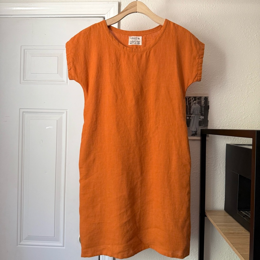 MEETRA LINEN orange crew neck‎ short sleeve mini dress